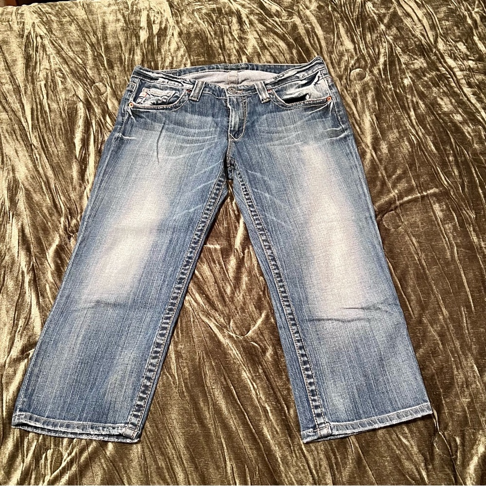 BIG STAR Women's Boot capri Medium Blue Denim Embroidered Button Pockets